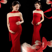 影楼孕妇拍照服装 红色抹胸鱼尾裙新中式 锦鲤写真氛围感摄影礼服