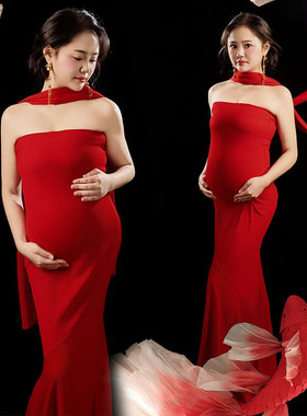 影楼孕妇拍照服装红色抹胸鱼尾裙新中式锦鲤写真氛围感摄影礼服
