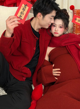 影楼新年红色毛衣情侣装时尚慵懒风百搭加厚保暖宽松毛衫孕艺术照