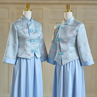 新中式旗袍伴娘服2026新款绝美小个子天蓝色姐妹团国风盘扣礼服裙