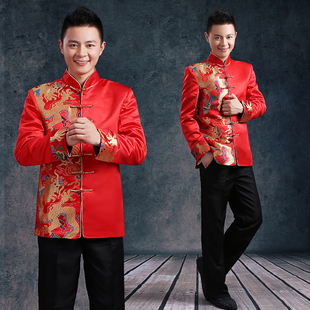 新款秀禾服男装中式结婚礼服新郎龙凤褂敬酒服修身红色唐装中山装