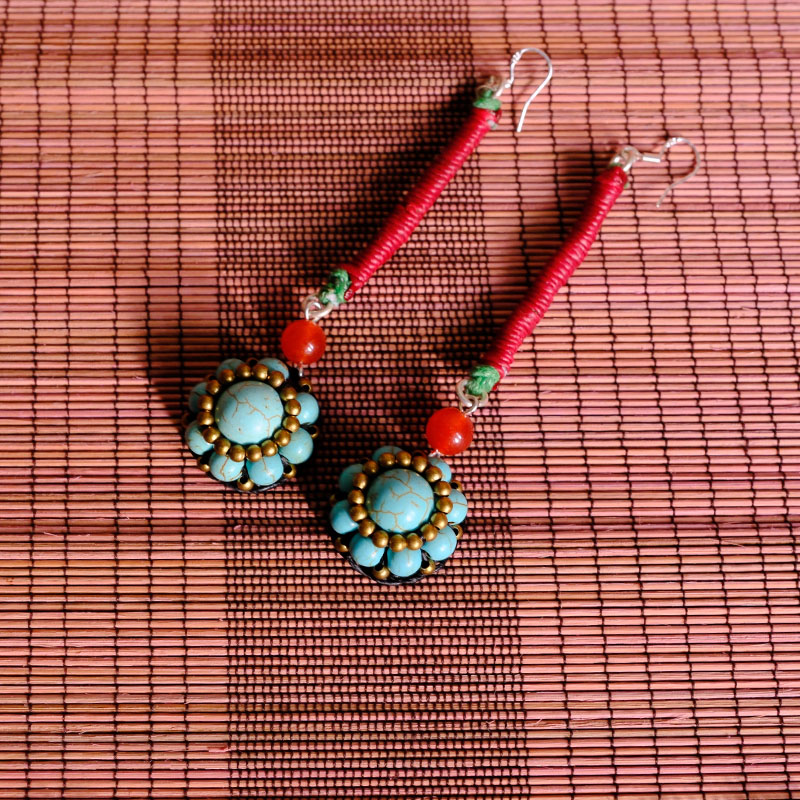 民族风长款耳环女石头红色珠子