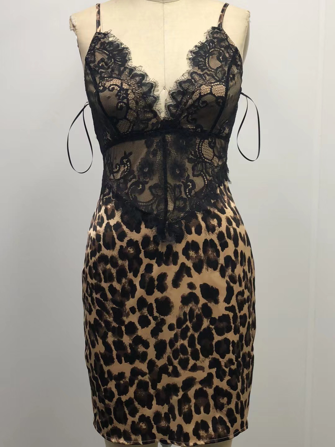 外穿欧美外贸工厂直邮女士豹纹性感蕾丝吊带连衣裙睡衣女