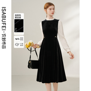 衣纱布菲简霓2025冬装新款复古黑丝绒优雅连衣裙纯色赫本风小黑裙