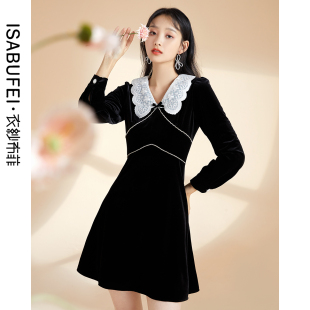 衣纱布菲雪夜秋黑色连衣裙女气质蝴蝶结别致设计感修身 裙子小黑裙