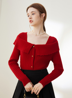 衣纱布菲采丹 甜美洋气毛衣女秋冬新款方领一字肩新年红色针织衫