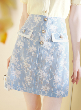 衣纱布菲冰兰 蕾丝印花半身裙新款女夏季时尚修身蓝色a字短裙