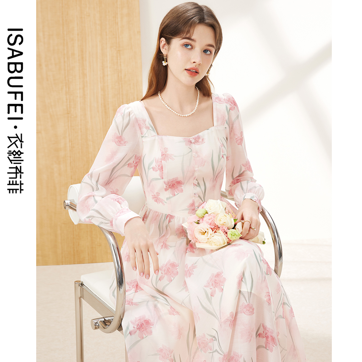 法式印花复古连衣裙甜美减龄