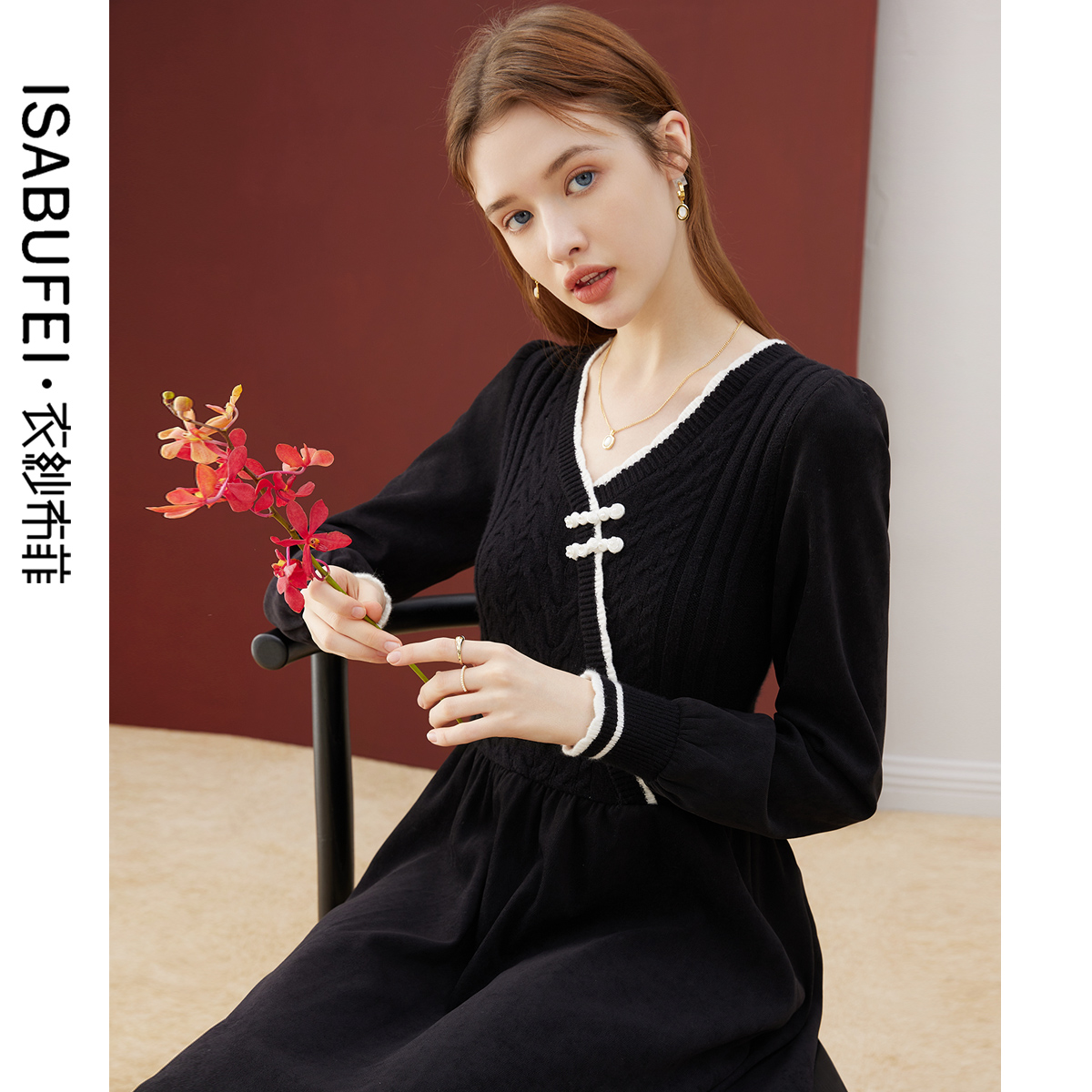 改良国风盘扣连衣裙舒适针织