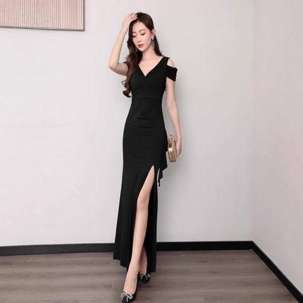 夏季新款足疗足浴技师工作服性感V领露肩包臀连衣裙显瘦开叉长裙