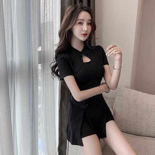 足疗技师服改良短款旗袍气质套装