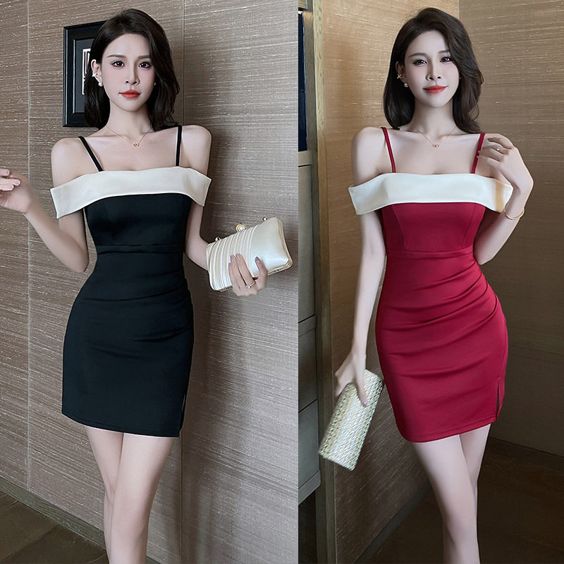 酒店夜总会修身一字领连衣裙女显瘦减龄足疗店足浴按摩技师工作服