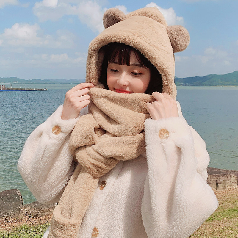 新款冬季女帽子围巾手套三件套亲子学生百搭保暖可爱小熊耳朵细绒