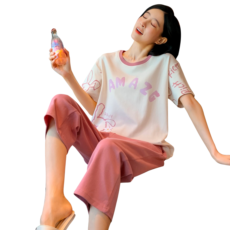睡衣女夏纯棉短袖七分裤卡通可爱