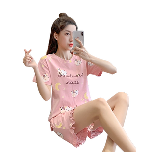 睡衣女款夏款纯棉甜美可爱短袖短裤家居服全棉卡通薄款可外穿套装
