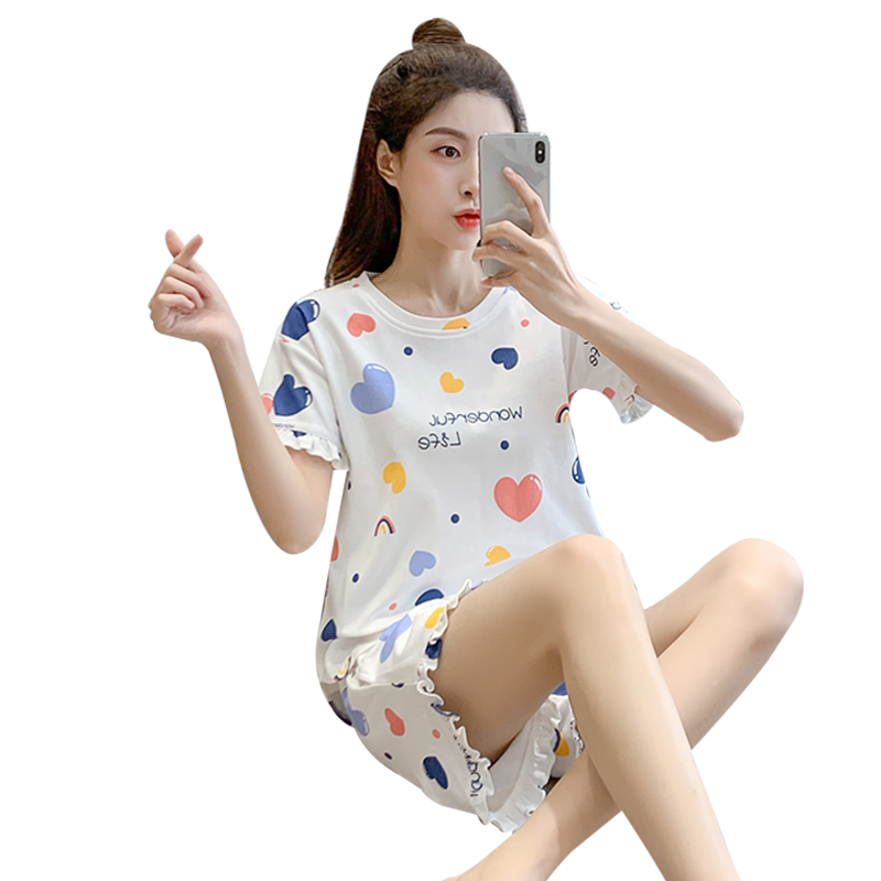 短袖短裤睡衣女夏款纯棉可爱少女