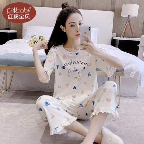 睡衣女夏纯棉宽松薄款短袖七分裤