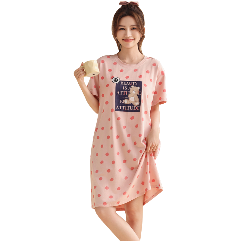 带胸垫凉感睡裙女夏纯棉短袖甜美
