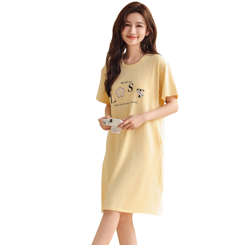 带胸垫凉感睡裙女夏薄款纯棉短袖