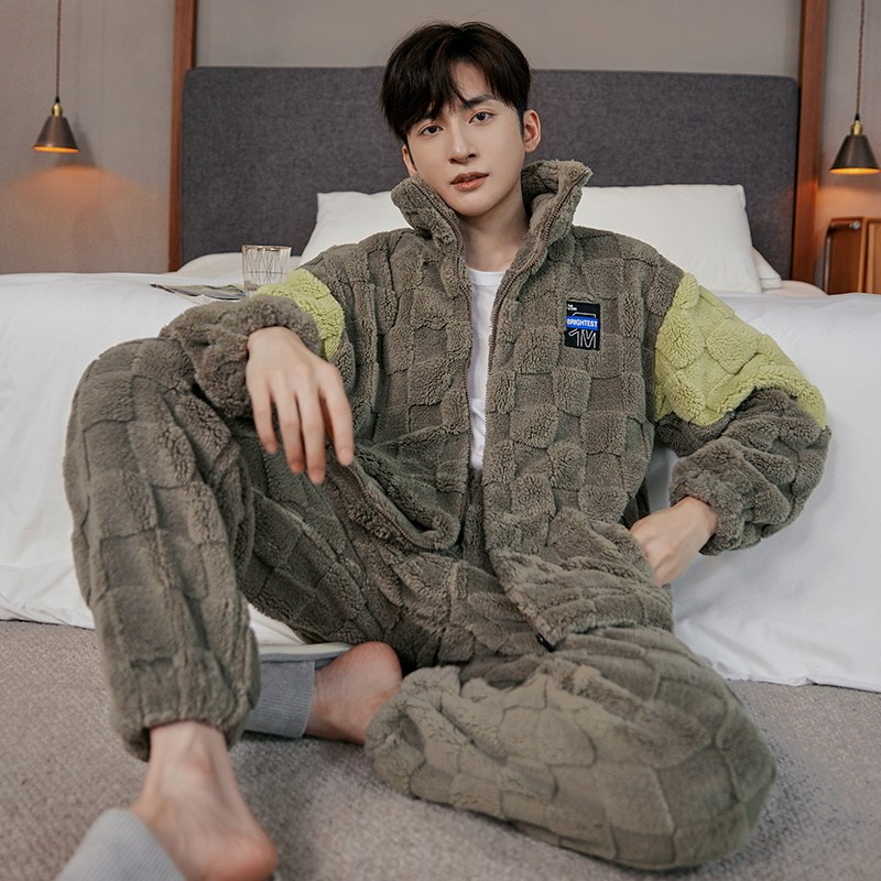 睡衣男款秋冬季珊瑚绒加厚加绒保暖拉链男生冬天法兰绒家居服套装