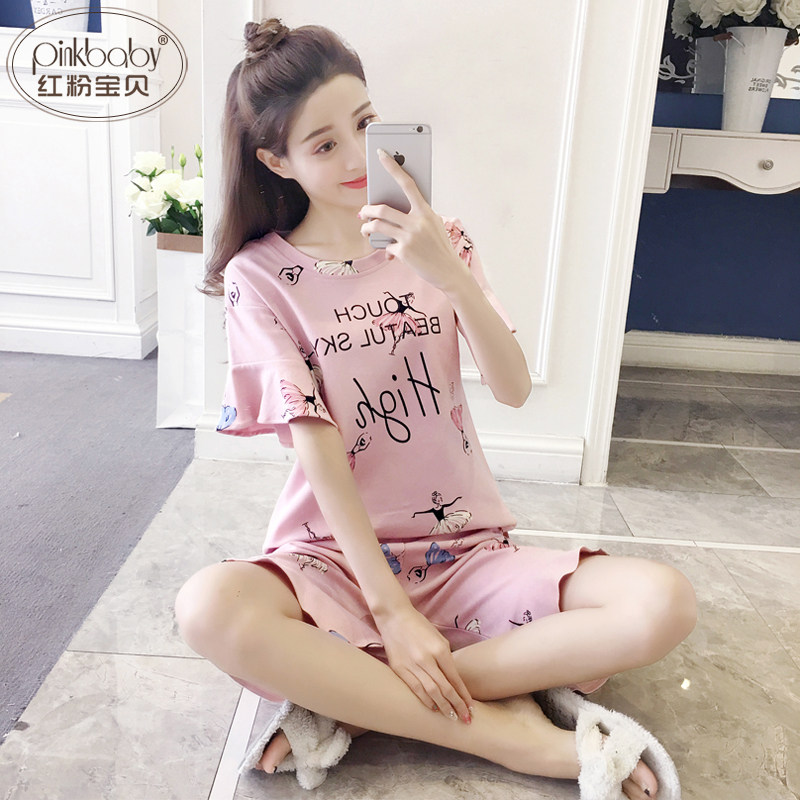 夏季睡衣女士纯棉短袖七分裤可爱卡通夏天大码家居服薄款两件套装