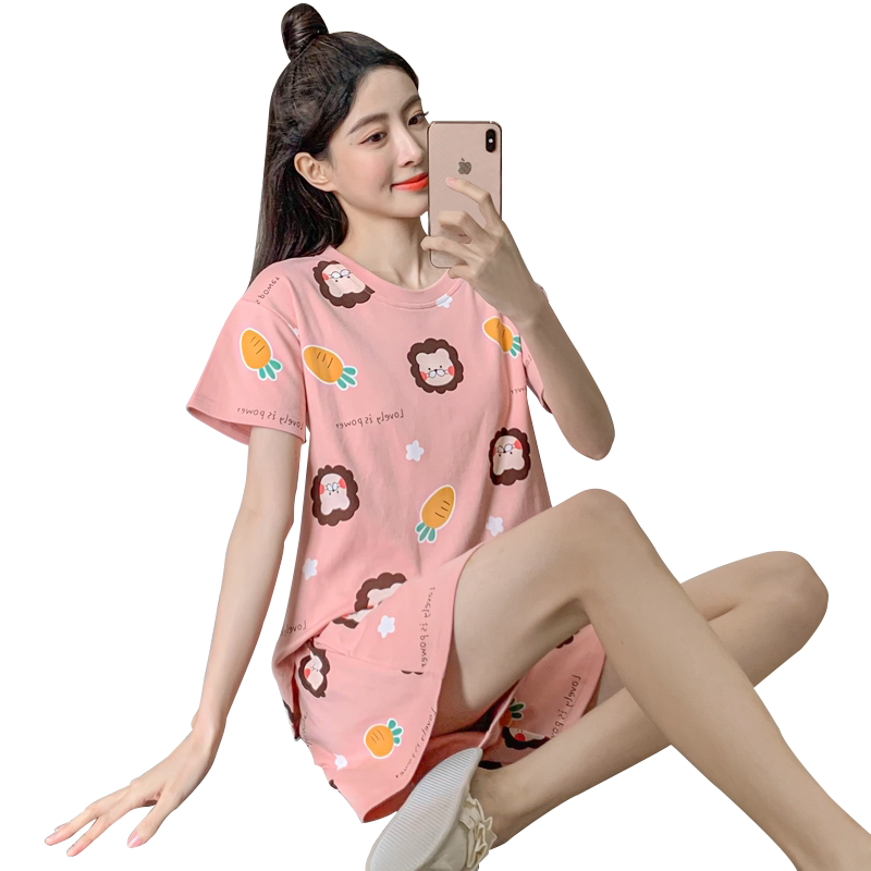 睡衣女夏纯棉短袖可爱外穿两件套