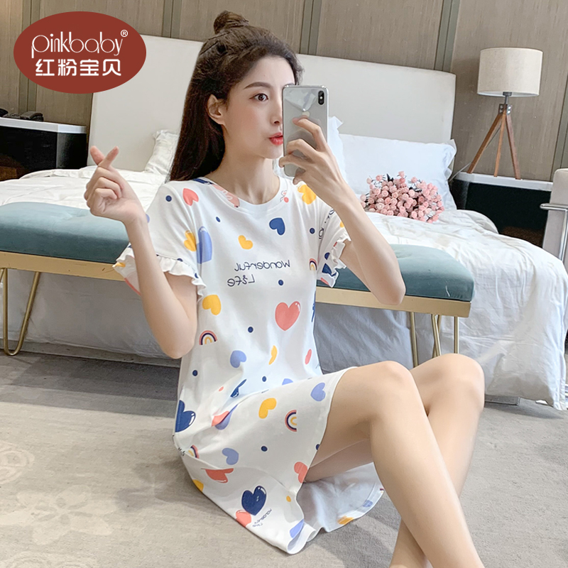 睡衣女款夏季纯棉短袖睡裙夏天薄款可爱少女学生可外穿家居服全棉