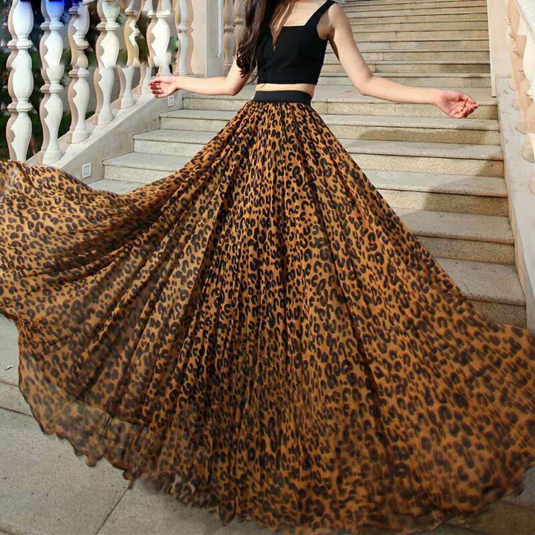 高端春夏新款仙女裙雪纺豹纹超大摆裙半身裙女波西米亚长款连衣裙