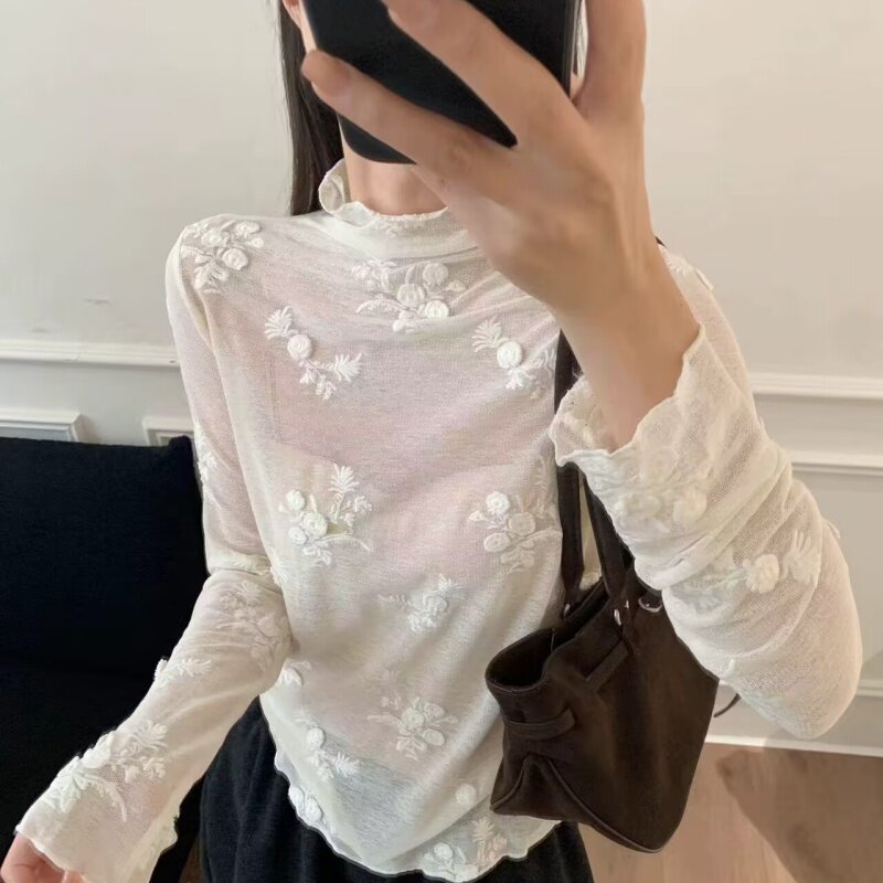 2026新款秋半高领蕾丝衫女白色立体花朵木耳边长袖打底衫蕾丝上衣