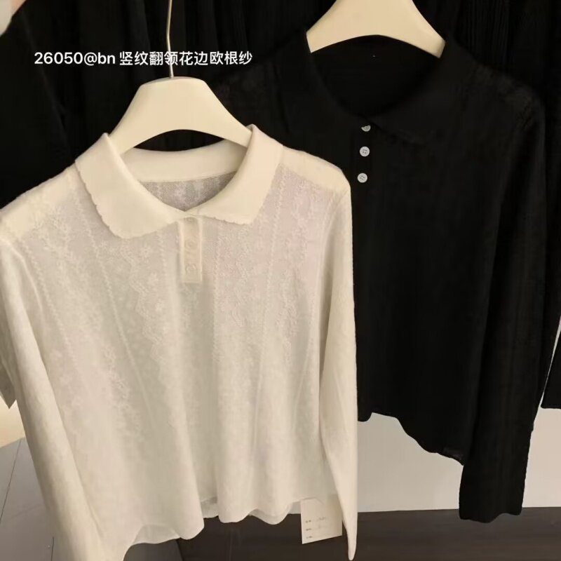 韩国东大门碎花POLO领长袖针织衫女欧根纱细羊毛内搭打底衫上衣潮
