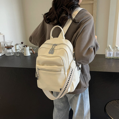 韩版女双肩包纯色百搭背包学生pu