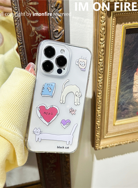 自制韩国ins文艺卡通可爱彩色马卡龙爱心猫咪iPhone13pro14promax15plus适用于苹果16pro透明可挂绳手机壳17