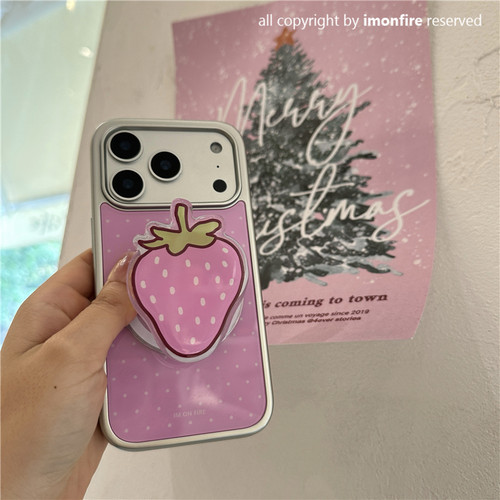 粉色波点草莓磁吸支架iPhone壳