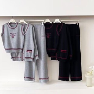 女字母无袖 休闲阔腿裤 背心 外套 三件套 针织开衫 欧美风2025年新款