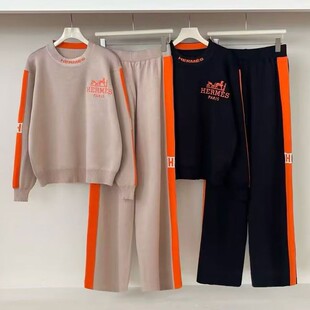 休闲运动女新款刺绣圆领长袖针织上衣高腰显瘦两条杠阔腿裤两件套