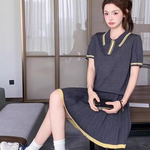 深灰色针织套装女2025夏季新款韩版学院风俏皮POLO衫百褶裙两件套