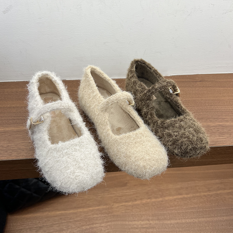 一字带扣浅口圆头羊羔毛玛丽珍鞋