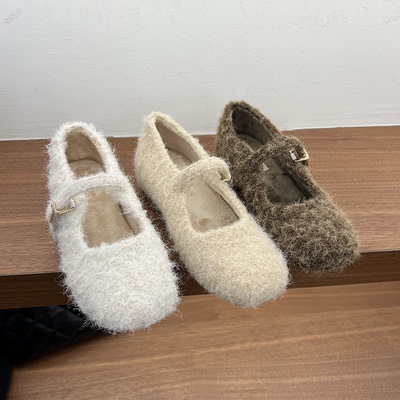 一字带扣浅口圆头羊羔毛玛丽珍鞋