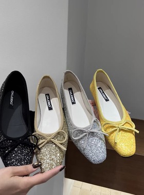 亮片蝴蝶结浅口单鞋仙女风平底单鞋女配裙子一脚蹬温柔闪闪瓢鞋子