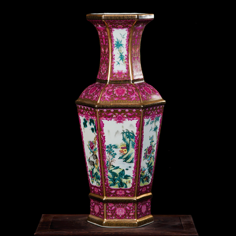 景德镇陶瓷器花瓶 仿古描金珐琅彩粉彩六面花鸟山水收藏装饰摆件