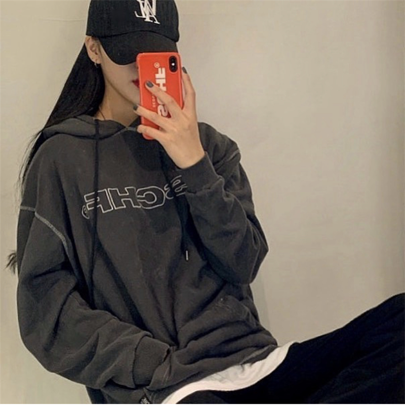 ~Korea autumn and winter mschf embroidered letter embossed Hoodie hoodie with velvet