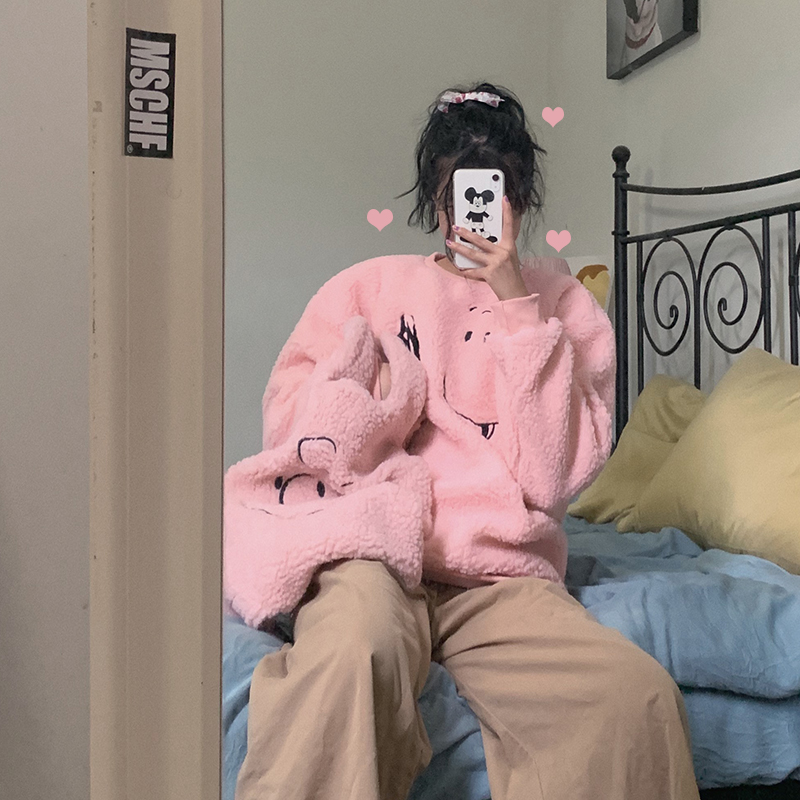 Real picture cute retro embroidery Snoopy cartoon lamb sweater Pullover warm autumn and winter South Korea