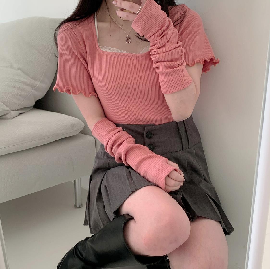 Protected ~ gentle Peach Pink Girls sleeves fake two short sleeve T-shirt corset South Korea