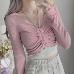 ~Gentle pure desire girlish style ~ bandage tight bottomed T-shirt long sleeve smart spring and summer top