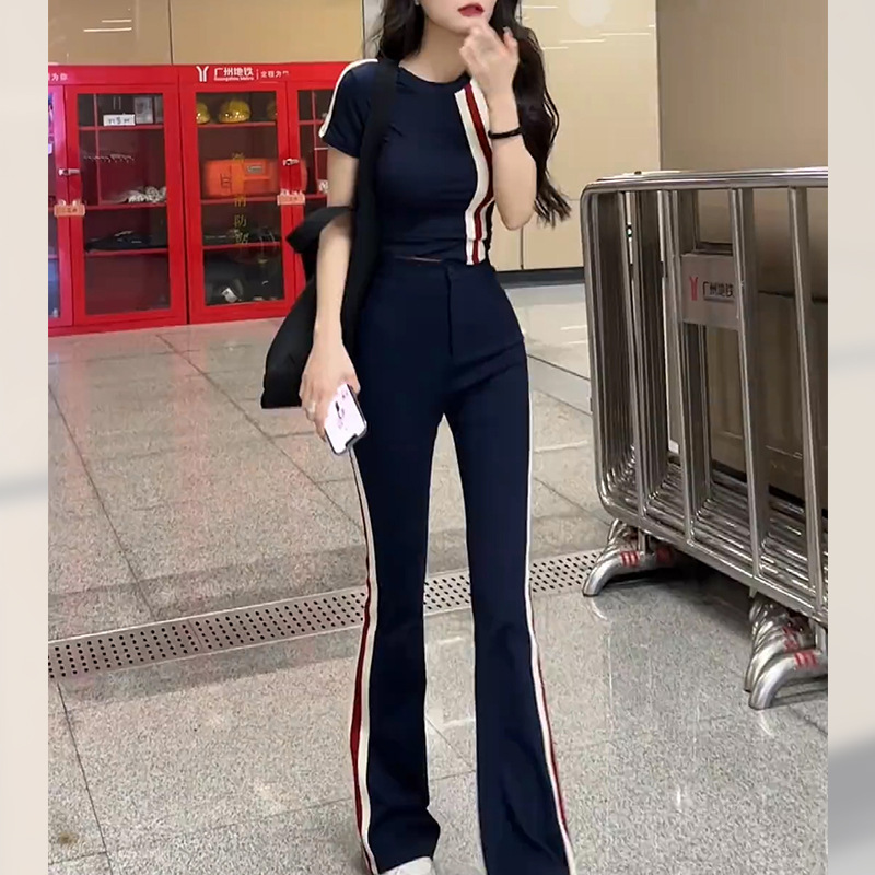 网红炸街运动服套装女夏季2024新款时尚洋气修身显瘦喇叭裤两件套-封面