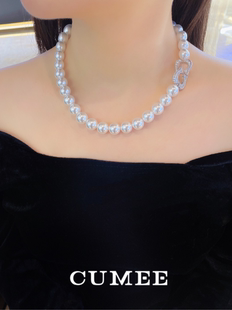 新款大点位12咪满镶扣头圆润人工澳白贝珠珍珠项链.银镀金