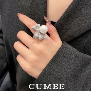 CUMEE 蝴蝶结晚宴穿搭 白光圆润14mm人工澳白色贝珠戒指.银镀金