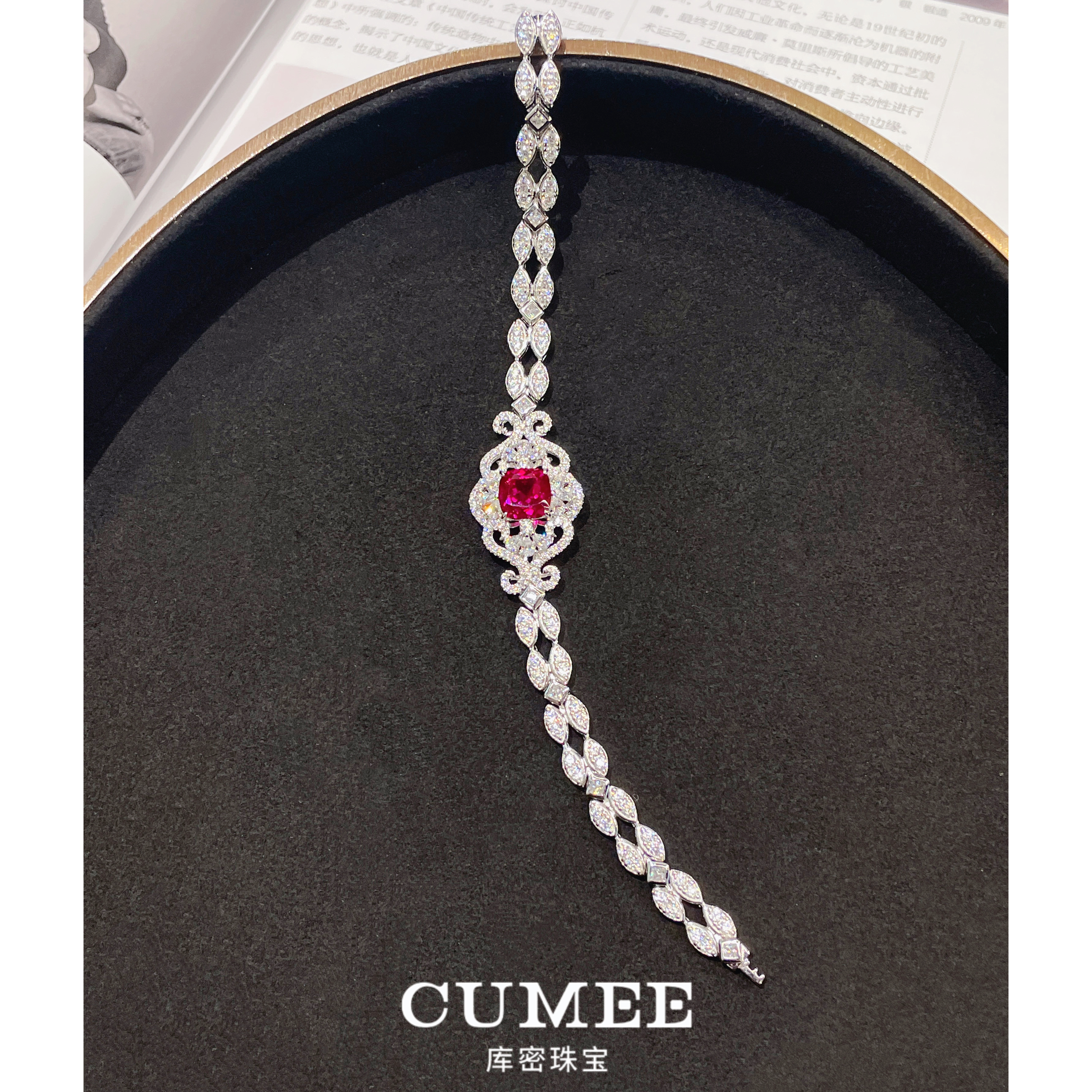 CUMEE 优雅精致手链 新品 培育合成红宝石手链女.银镀金