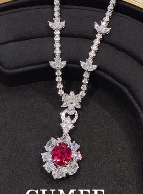 潮流气质女神 百搭日常晚宴款鸽血红色培育合成红宝石项链吊坠.银