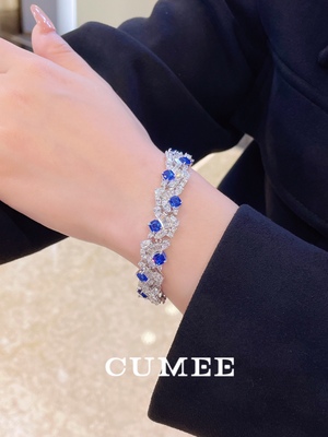 CUMEE.个性时尚大牌设计培育合成蓝宝石手链.925银镀金